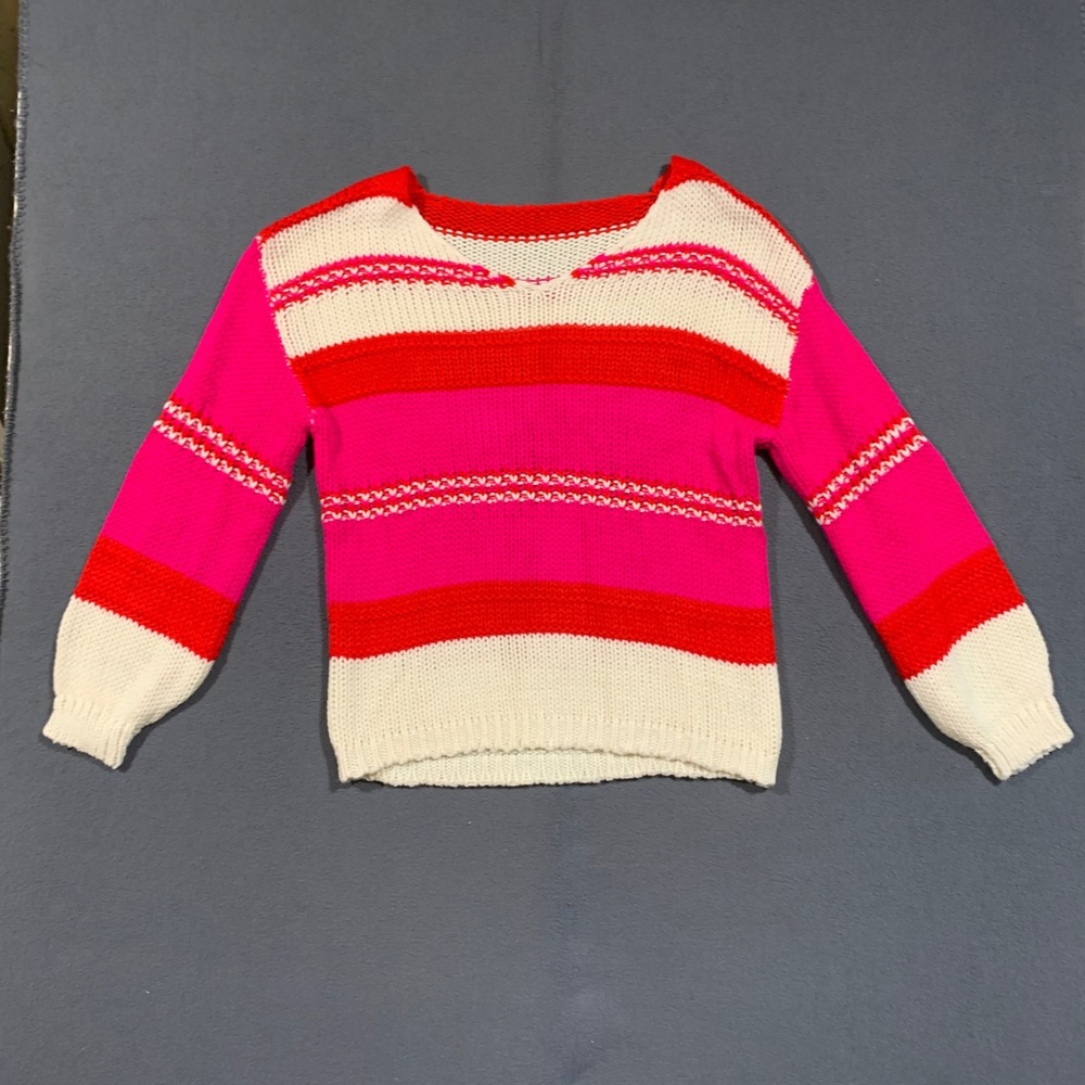 Striped Sweater Women Small Pink Red White V-Neck Chunky Knit Retro